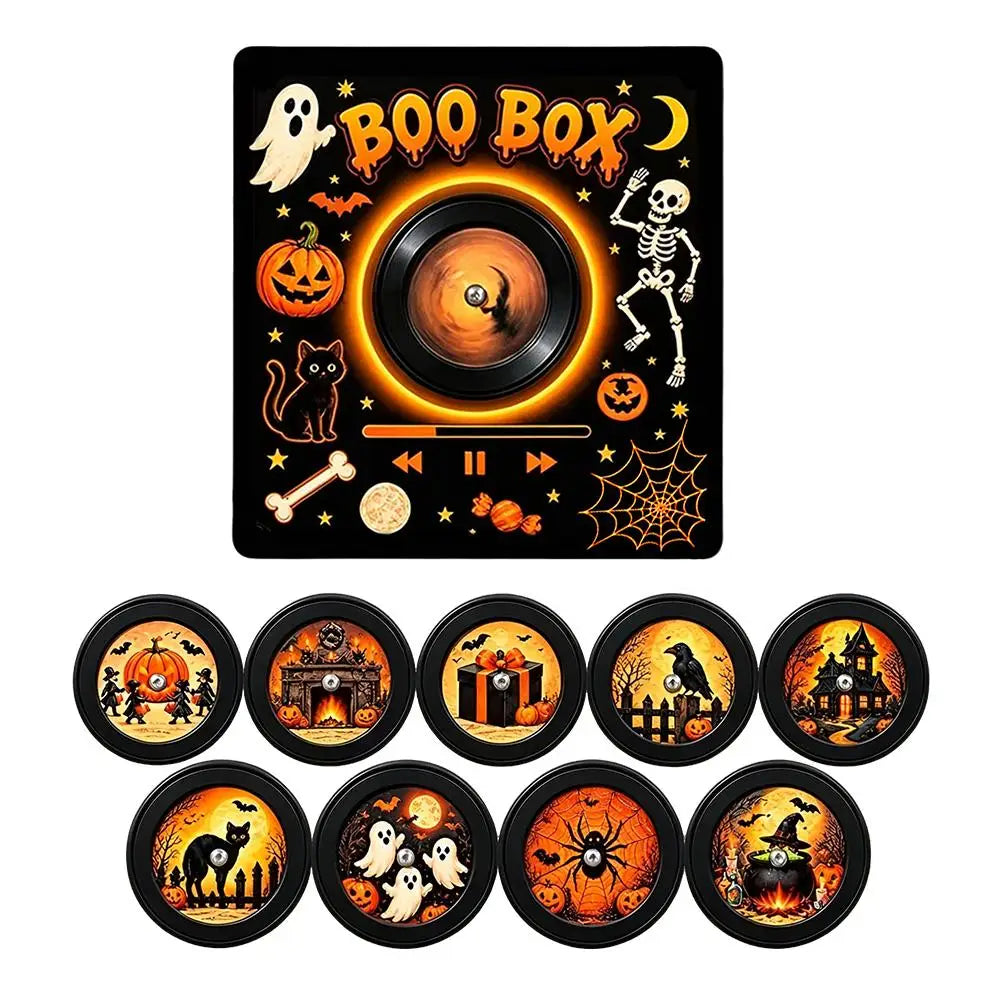 Boo Box – Reproductor de música magnético NFC con 9 mini discos | Luz nocturna para refrigerador (Halloween y Navidad)